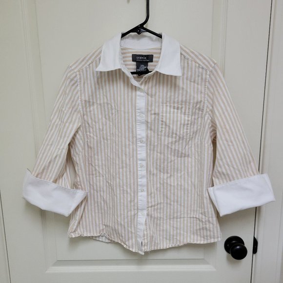 Tan & White Striped Blouse - 3/4 Cuffed Sleeves - size 12/14